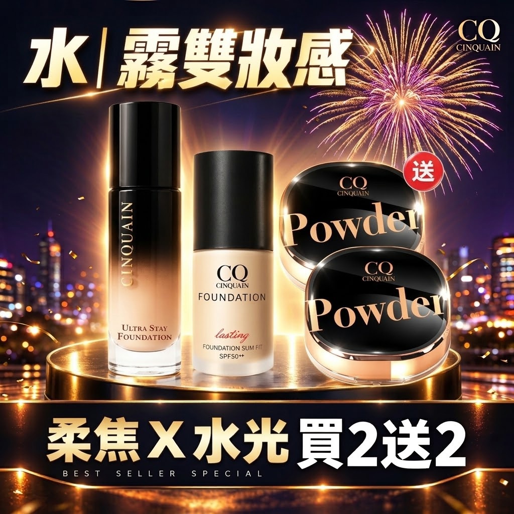 【半夜也美麗】CQ思珂 零焦濾超持妝粉底(熬夜粉底)*1+3D光感精華粉底*1+星魅晶透裸肌蜜粉*2