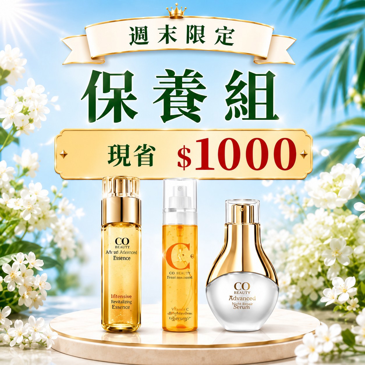 【瞬間白3階】CQ思珂 璀璨光金箔活膚露(小仙露)*1+維他命C噴霧160ML*1+活氧青春亮顏肌活精華*1