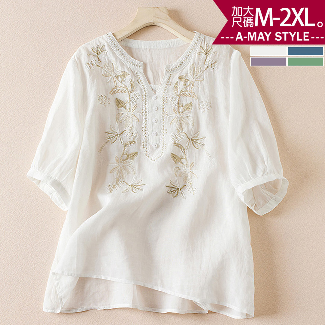 加大碼 棉麻衫 文藝風刺繡棉麻感舒適五分袖上衣(M-2XL)【XML260435】＊艾美時尚(現 預)