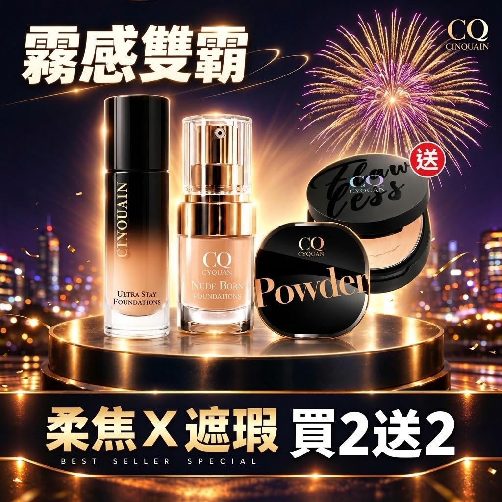 【控油粉底】CQ思珂 零焦濾超持妝粉底(熬夜粉底)*1+天生美肌恆霧粉底*1+星魅晶透裸肌蜜粉*1+微霧裸肌定妝輕粉餅*1