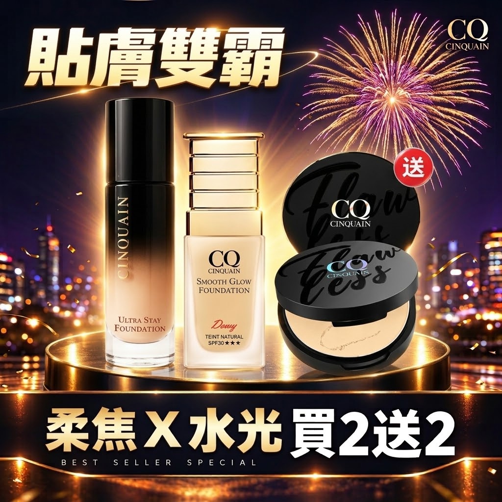 【買2送2】CQ思珂 零焦濾超持妝粉底(熬夜粉底)*1+星魅光透水潤粉底*1+微霧裸肌定妝輕粉餅*2