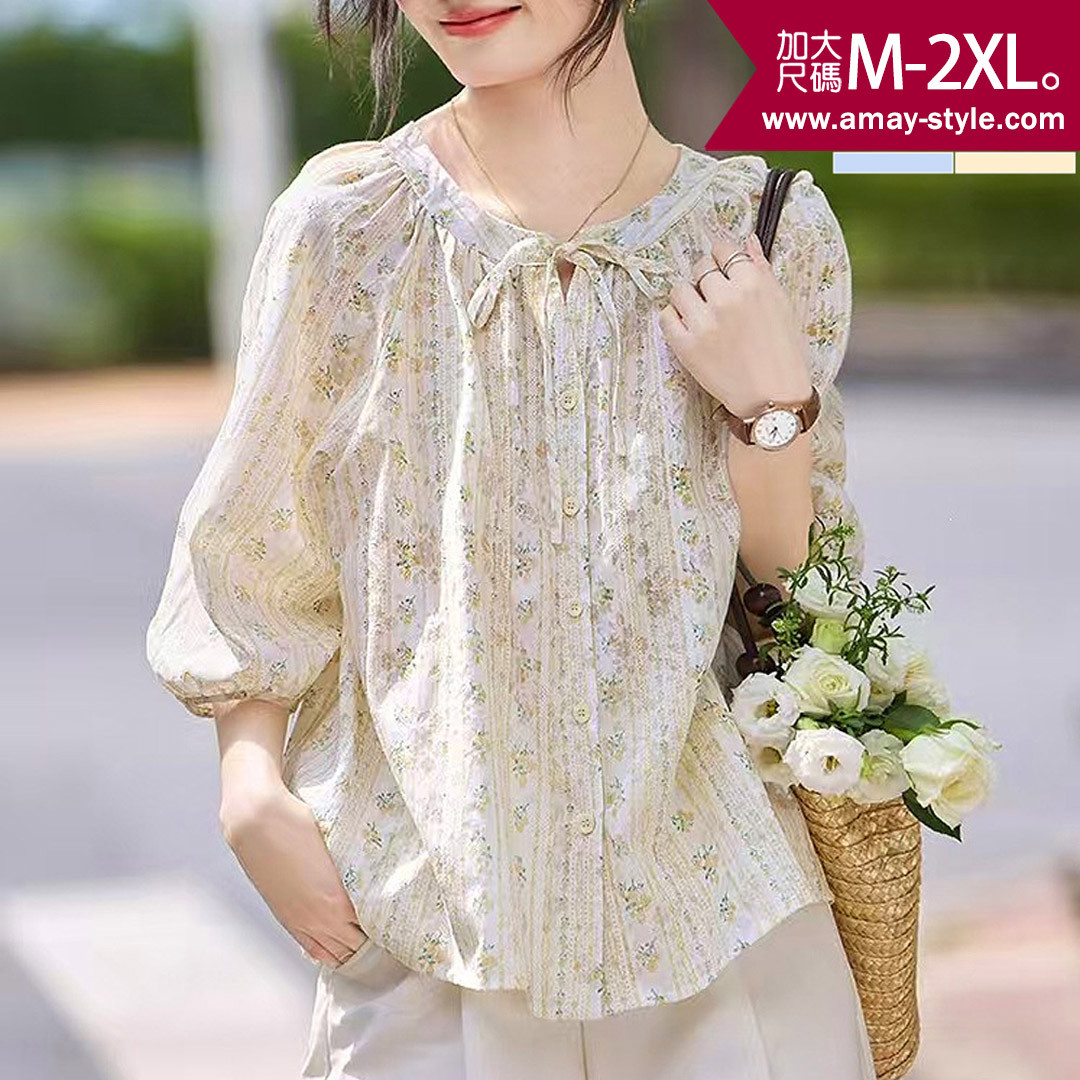 加大碼 上衣 甜美鄉村風小碎花七分袖圓領襯衫(M-2XL)【XAM260650-1】＊艾美時尚(現 預)
