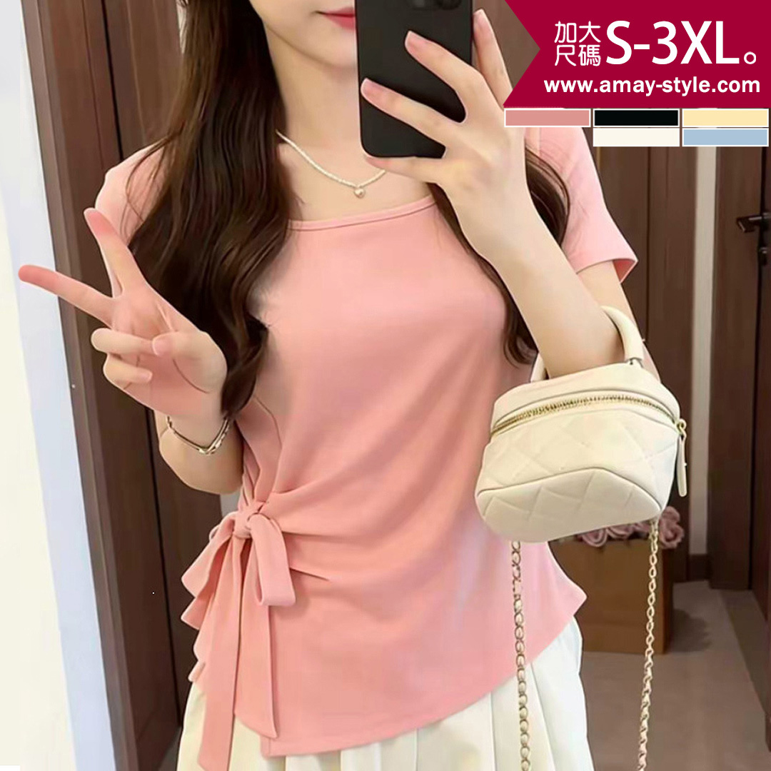 加大碼 T恤 甜美純色不規則綁帶U領顯瘦短袖上衣(S-3XL)【XUL260622】＊艾美時尚(現 預)