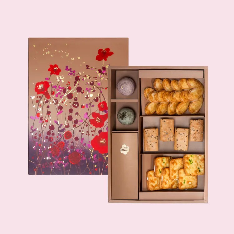 【糖村】簇紅 SVA01(鑲芋流芯酥1入+五黑麻糬酥1入+法式牛軋糖10入+奶油蝴蝶酥10入+原味薄捲餅4入+牛軋餅-蔥鹽風味6入)(中秋禮盒)