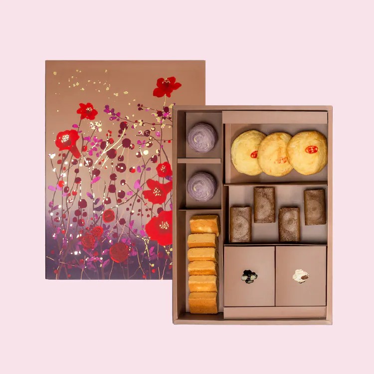 【糖村】簇紅 SVA02(鑲芋流芯酥2入+經典鳳梨酥6入+經典原味太陽餅3入+錫蘭紅茶薄捲餅4入+南棗火山豆豆菓8入+法式牛軋糖8入)(中秋禮盒)