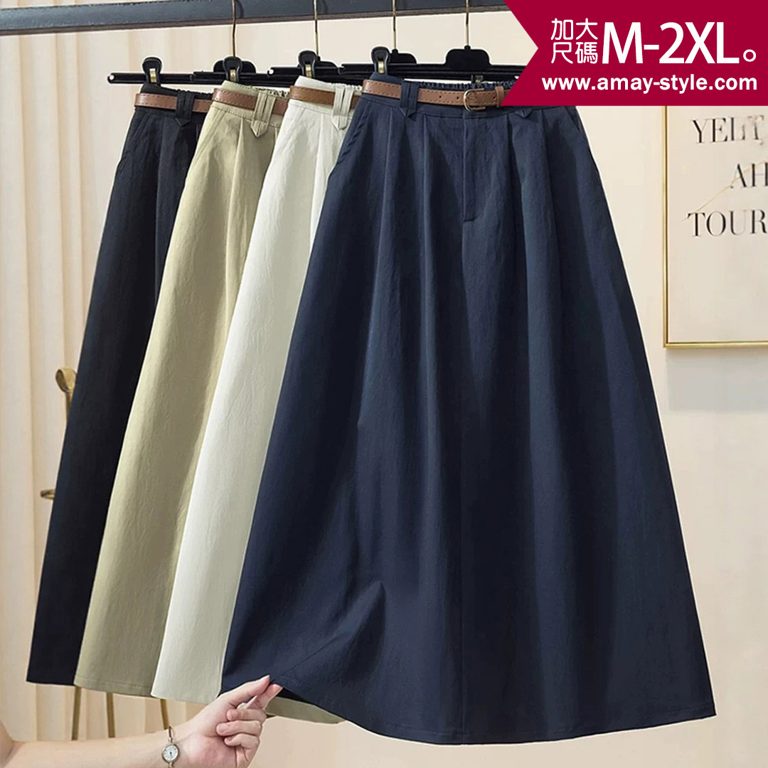 加大碼 A字裙 棉麻感打褶顯瘦A字休閒半身裙(M-2XL)【XG260540】＊艾美時尚(現 預)