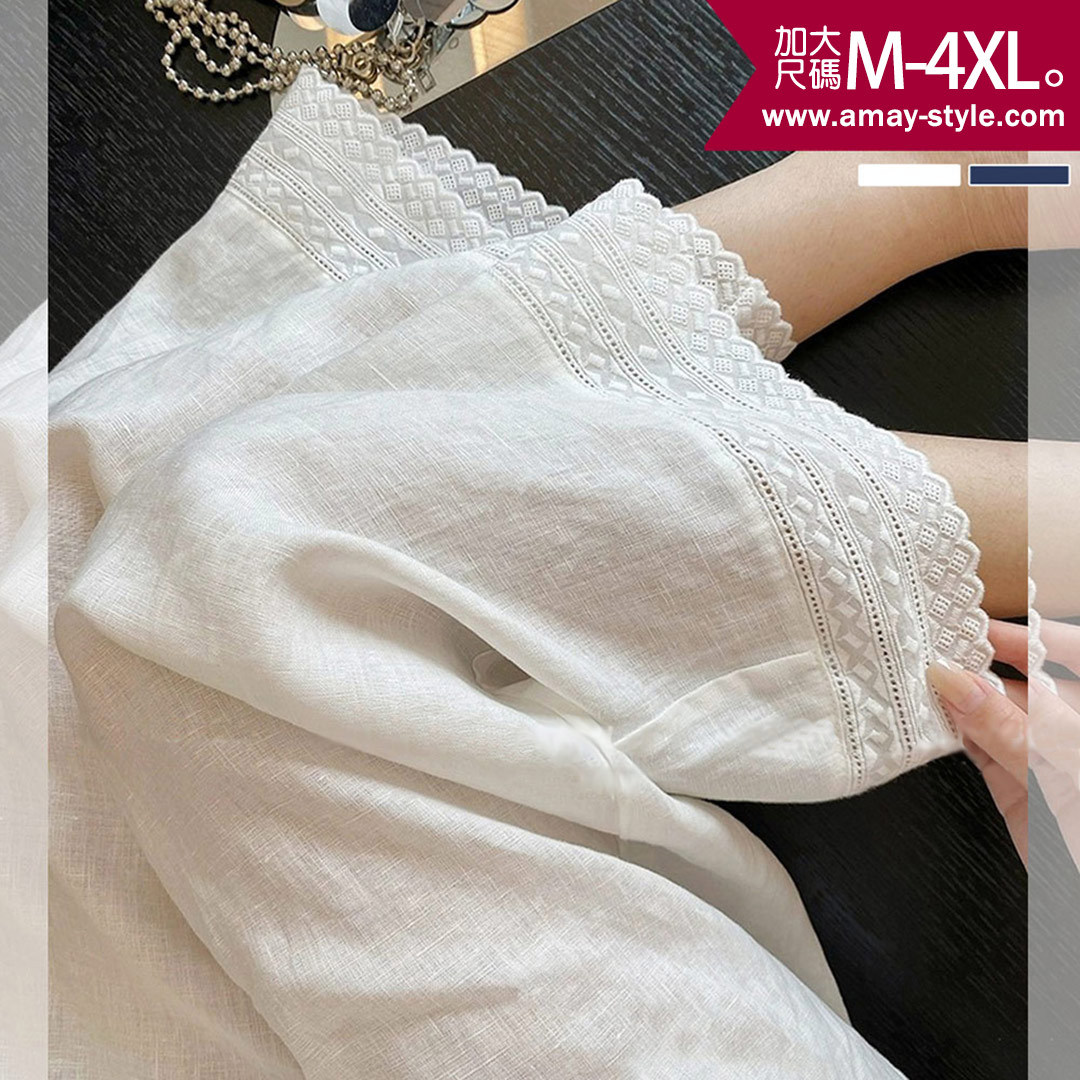 加大碼 休閒褲 刺繡花邊拼接亞麻感休閒寬褲(M-4XL)【XCH260640】＊艾美時尚(現 預)