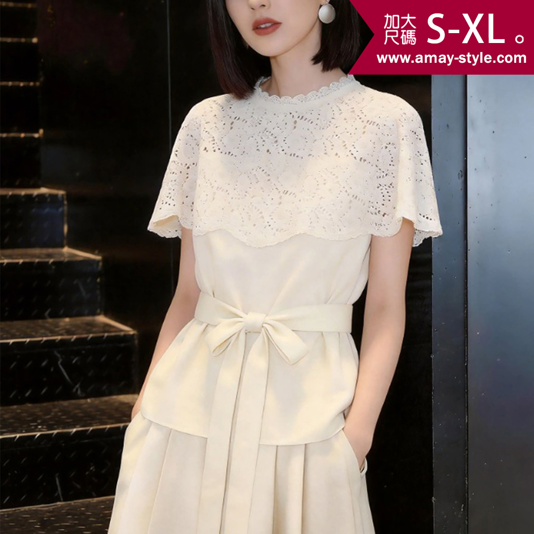 加大碼 蕾絲衫 設計感法式優雅蕾絲拼接繫帶上衣(S-XL)【XUG260647】＊艾美時尚(現 預)