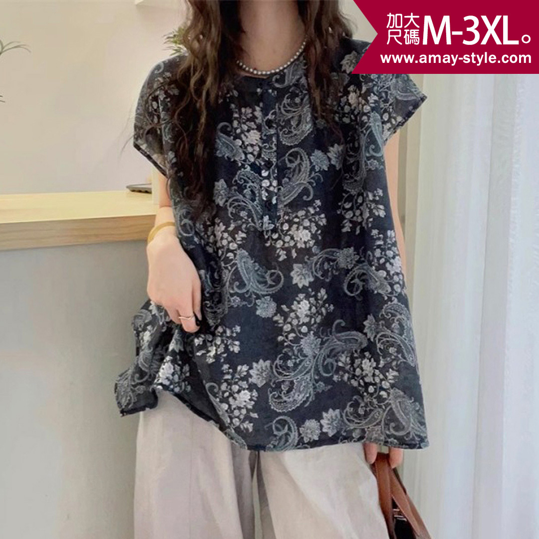 加大碼 上衣 復古風藤蔓印花寬鬆短袖雪紡衫(M-3XL)【XAM260640】＊艾美時尚(現 預)
