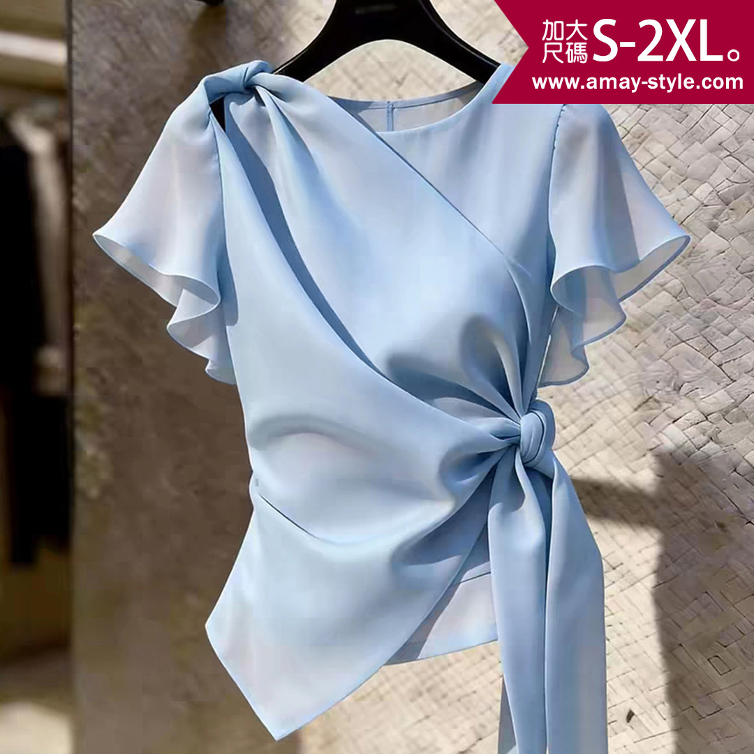 加大碼 T恤 法式浪漫設計感顯瘦朵結荷葉袖上衣(S-2XL)【XAM260650】＊艾美時尚(現 預)