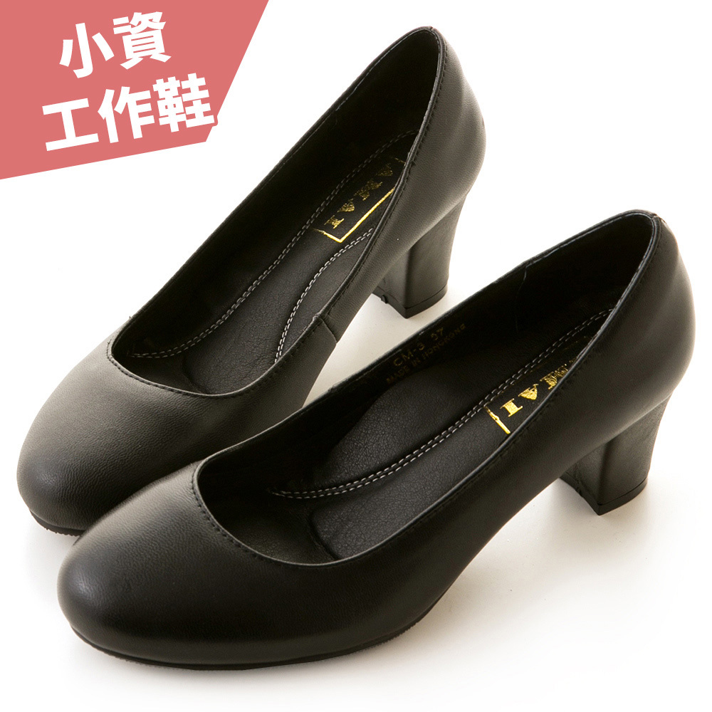 職場工作鞋。真羊皮柔軟夾心圓頭中跟鞋 黑 CM-3BK