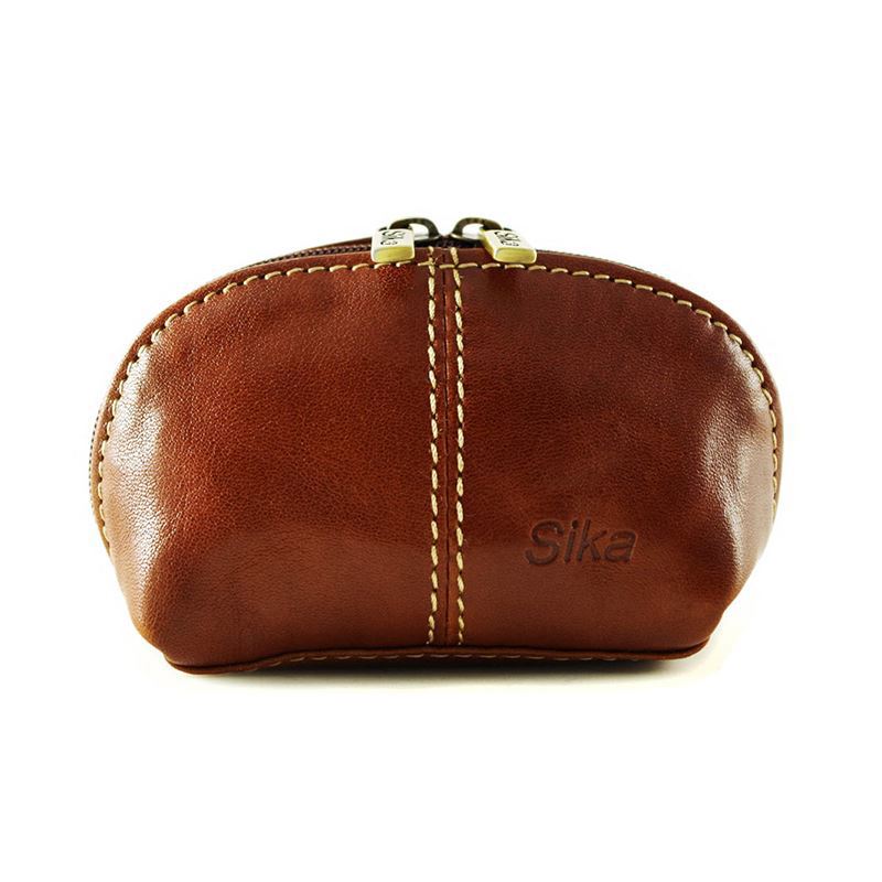 *Sika義大利時尚真皮復古小巧拉鍊零錢包(A8259-01)-原味褐