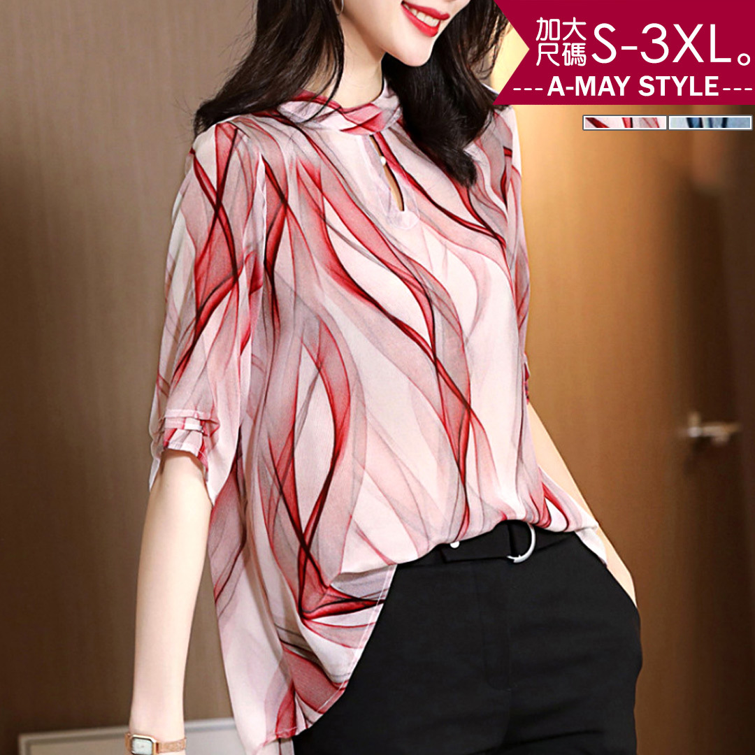 加大碼-淑女氣質印花五分袖上衣(S-3XL)【XAM6840044】＊艾美時尚(現 預)