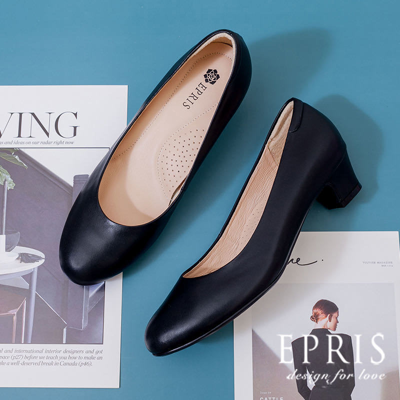 現貨 大尺碼鞋 古典女孩4公分-P163-P187 黑色素面低跟鞋 圓頭鞋 面試黑色跟鞋 小尺碼鞋 全真皮舒適好穿 19.5-28 EPRIS艾佩絲-百搭黑
