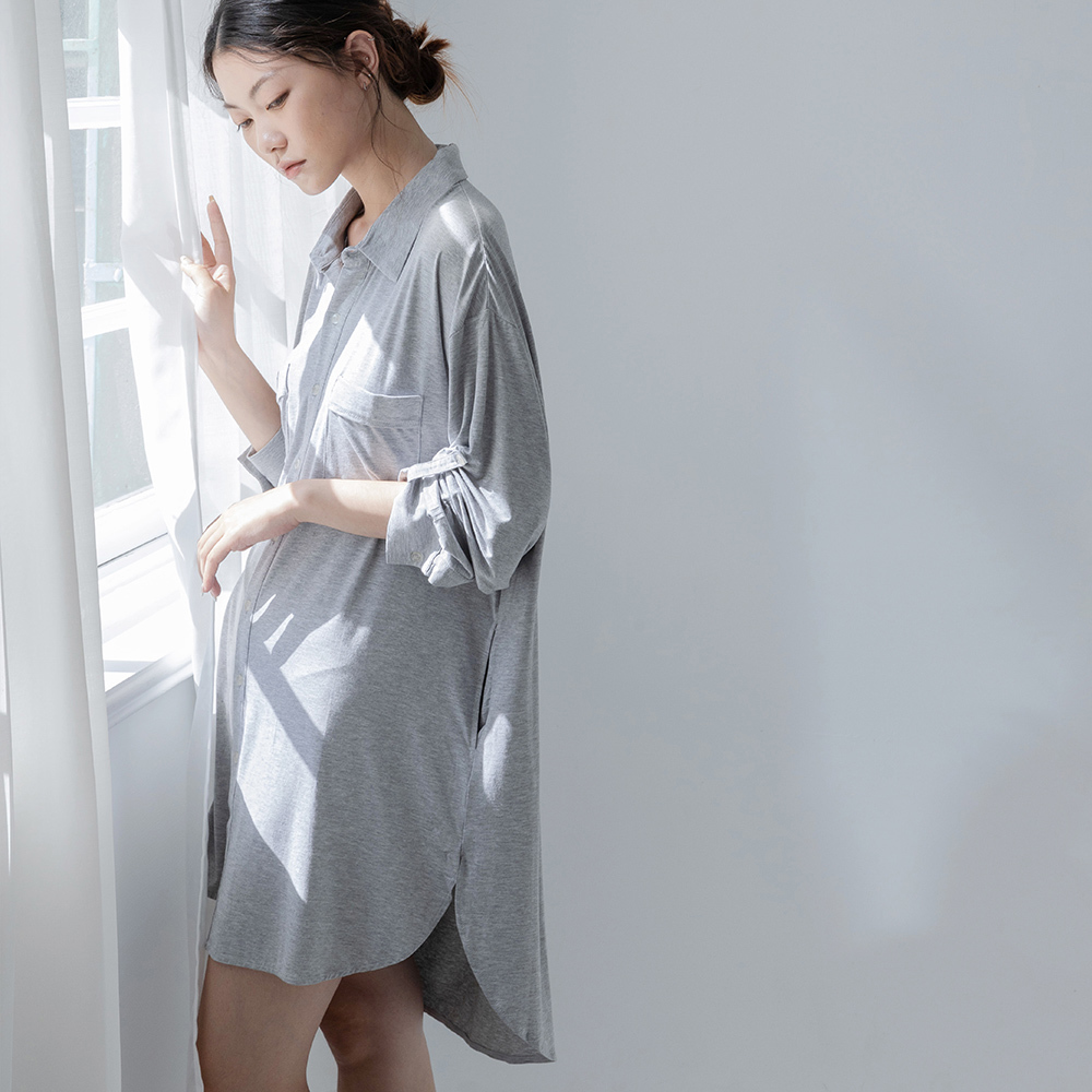 莫代爾襯衫式居家長袖睡衣罩衫-灰色