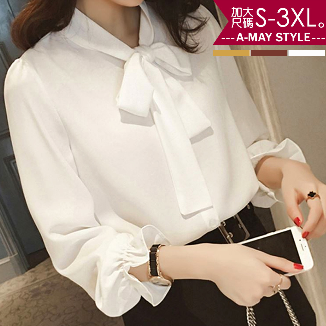 加大碼-復古V領緞帶花邊袖雪紡衫(S-3XL)【XBW15117】＊艾美時尚(現 預)