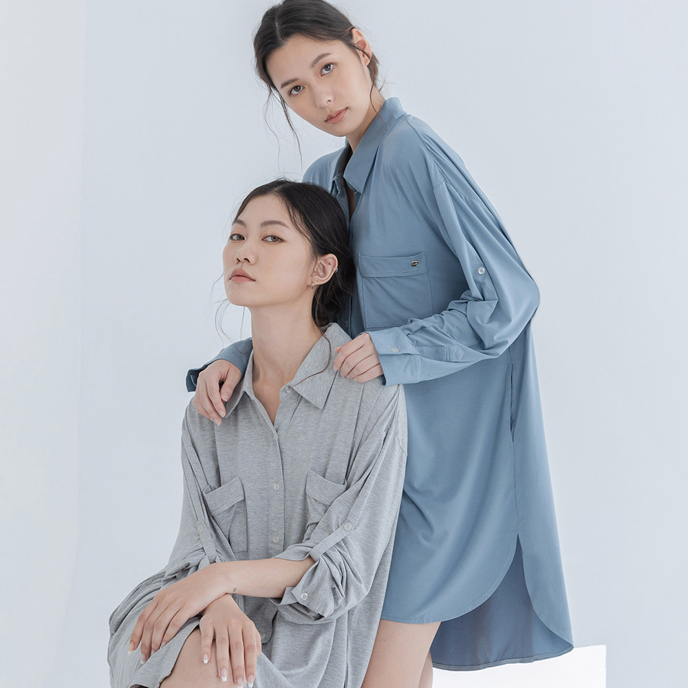 莫代爾襯衫式居家長袖睡衣罩衫-霧藍