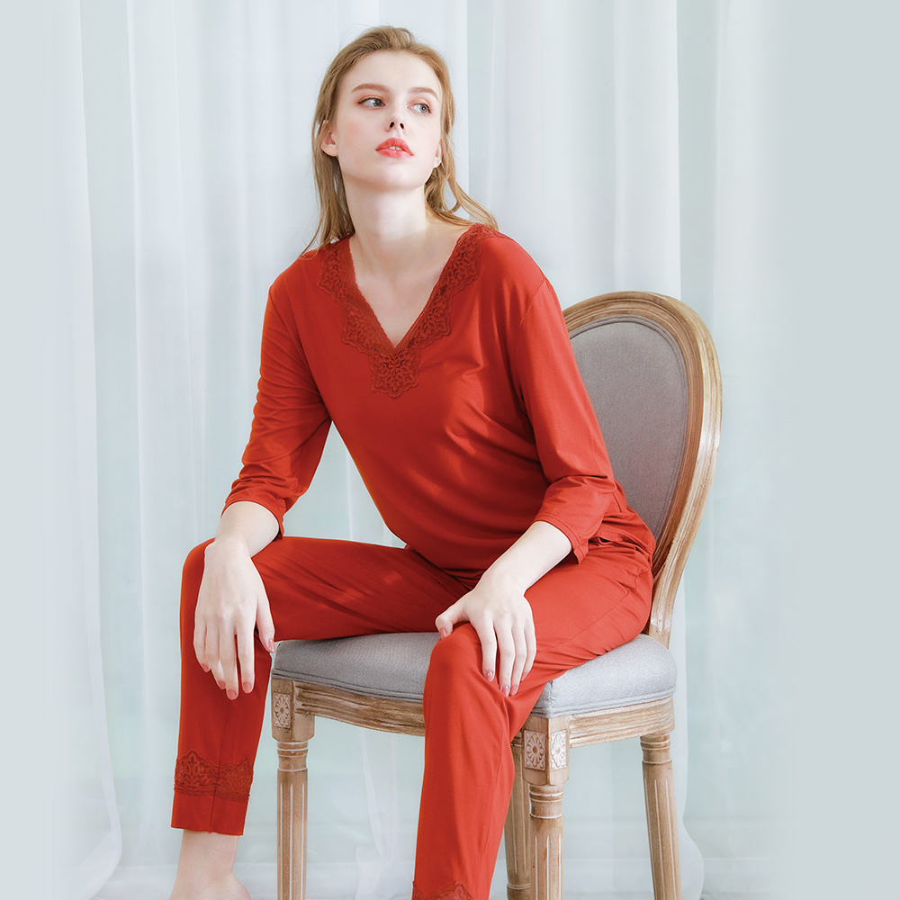 法式絮語 V領蕾絲居家長袖睡衣套裝-紅色