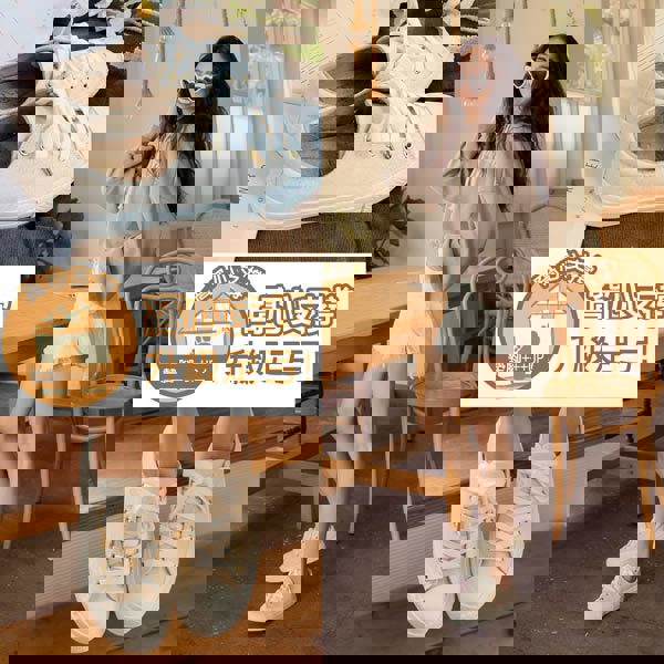 Ann’S黑科技-弄不髒防潑水綁帶金釦帆布鞋-米