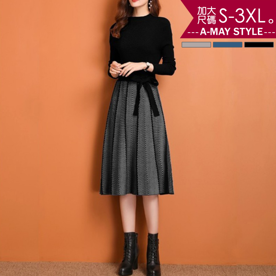 加大碼 連身裙 優雅拼接收腰中長版針織洋裝(S-2XL)【XMSC0362】＊艾美時尚(現 預)