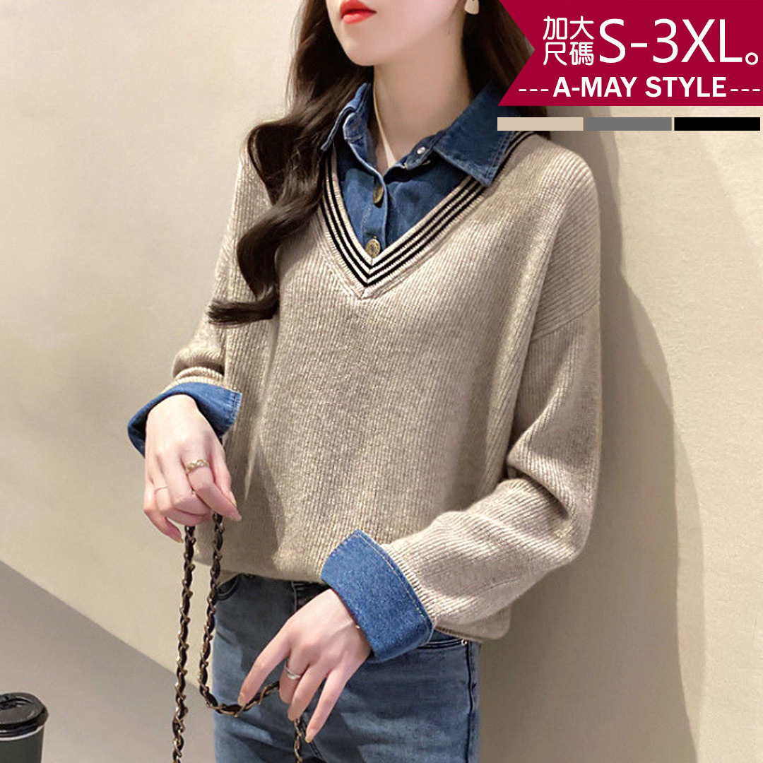 加大碼毛衣-牛仔拼接假兩件針織上衣 (S-3XL)【XJJ57650】＊艾美時尚(現 預)