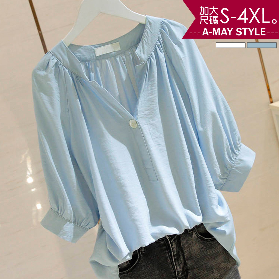 現貨 加大碼上衣-小清新V字短袖圓領衫(S-4XL)【XMS503322】＊艾美時尚