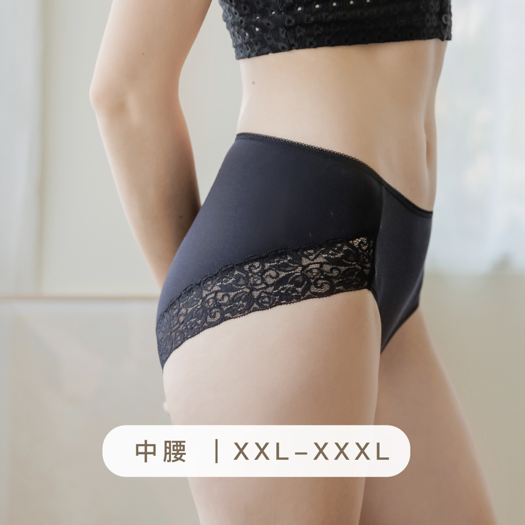 XXL-XXXL 中腰女神無痕蕾絲．抗菌大尺碼內褲｜靜謐黑 #2101
