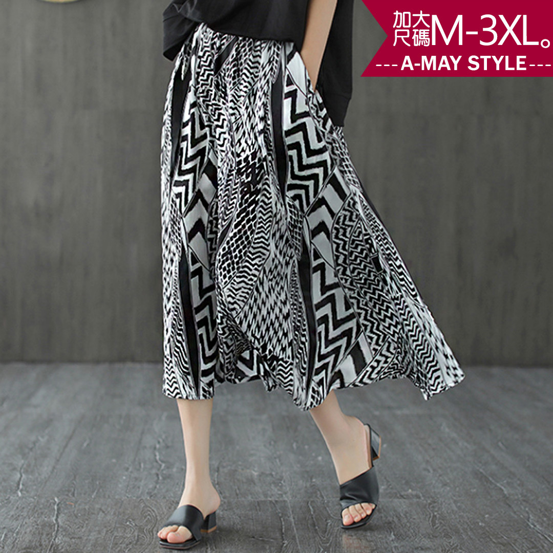 加大碼-抽象感印花鬆緊帶長裙(M-3XL)【XAM966340】＊艾美時尚(現 預)