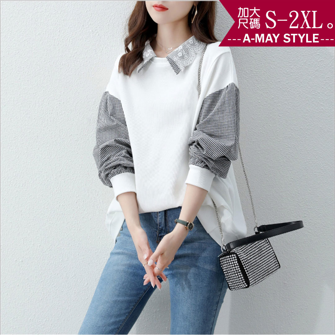 加大碼假兩件T恤-素面立領拼接格紋長袖上衣(S-2XL)【XFU2021AT56】＊艾美時尚(現 預)