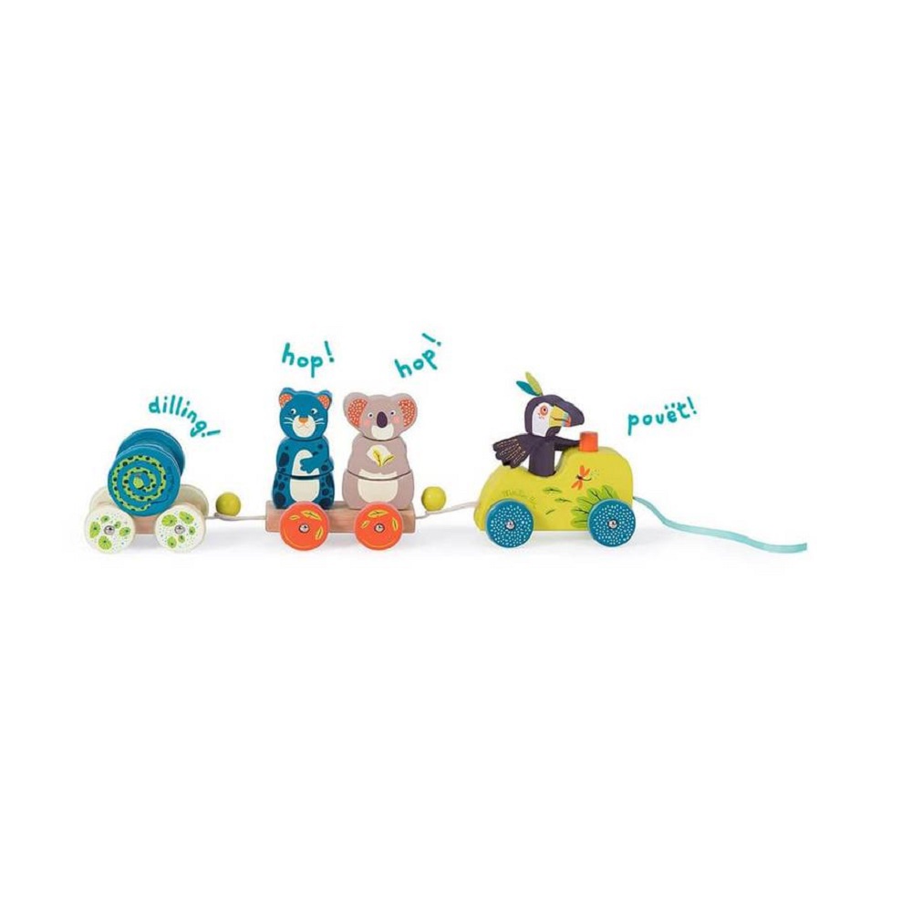 法國 Moulin Roty 叢林冒險熊與貓木製拉車