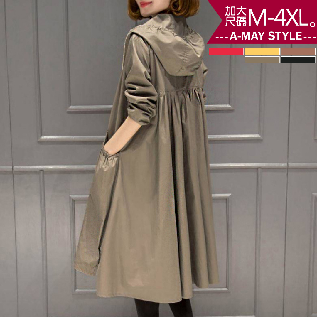 加大碼外套-韓風薄款連帽顯瘦過膝風衣(M-4XL)【XT580747】＊艾美時尚(現 預)
