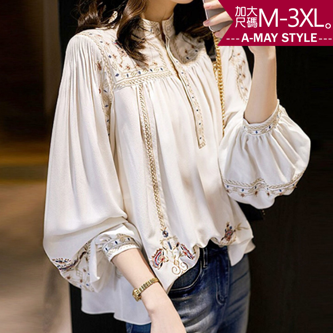 加大碼-法式復古印花燈籠袖上衣(M-3XL)【XAL37137】＊艾美時尚(現 預)