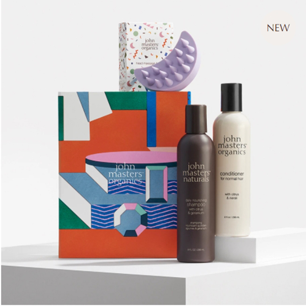 John masters organics 假期系列 - 柑橘天竺葵洗髮精+柑橘橙花潤髮乳+月牙形頭皮按摩梳