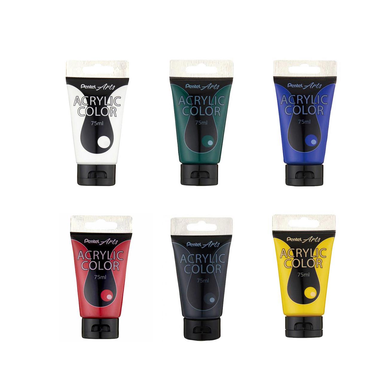 Pentel  75ml壓克力顏料-(白/黃/綠/青/黑/鮮紅)