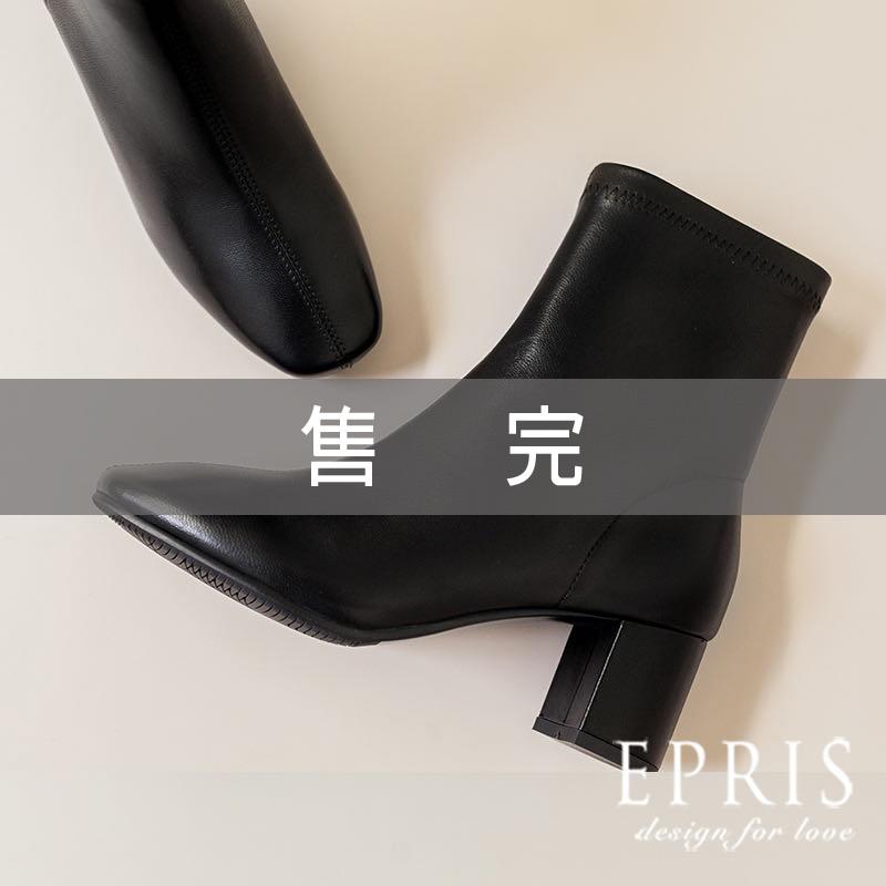 現貨 簡約剪裁設計 素面中跟微方頭粗跟襪靴-P264 秋冬日常穿搭真皮靴子 方圓頭襪型真皮靴 黑色美靴 靴子穿搭 穩足好走粗跟鞋 不磨腳時尚好搭配 34-40 EPRIS艾佩絲-氣質黑