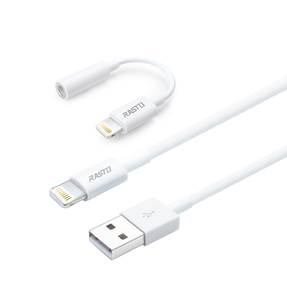 RASTO 蘋果Lightning充電傳輸線+音源轉接線/iphone傳輸線/iphone充電線(RX55)-白色