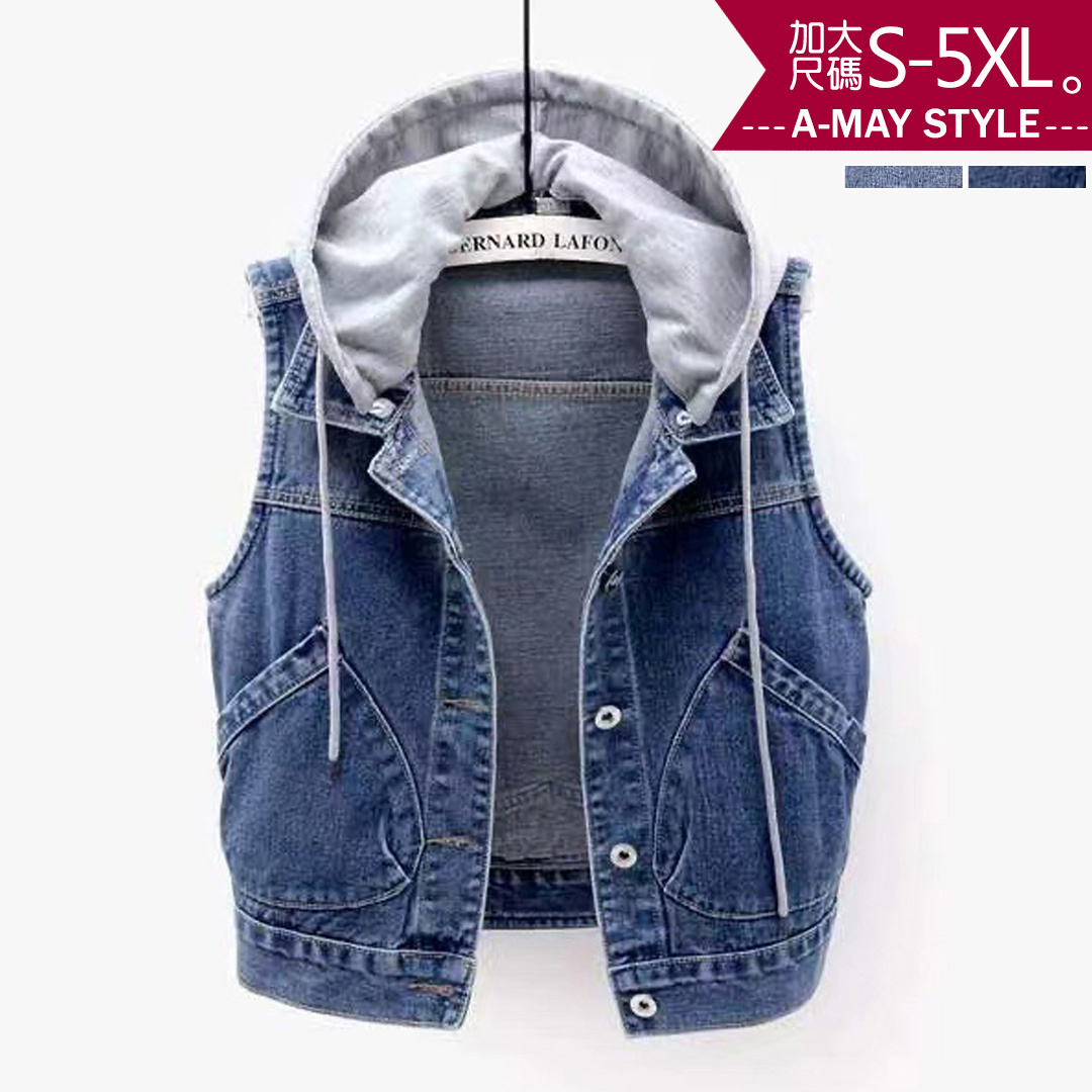 加大碼上衣-連帽刺繡斜口袋牛仔背心(S-5XL)【XC279137】＊艾美時尚(現 預)