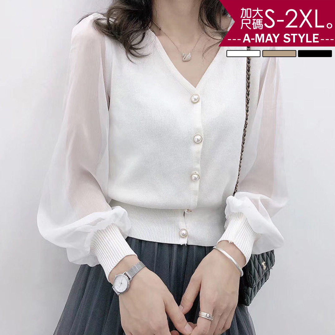 加大碼上衣-優雅V領開扣雪紡拼接針織衫(S-2XL)【XC199930】＊艾美時尚(現 預)