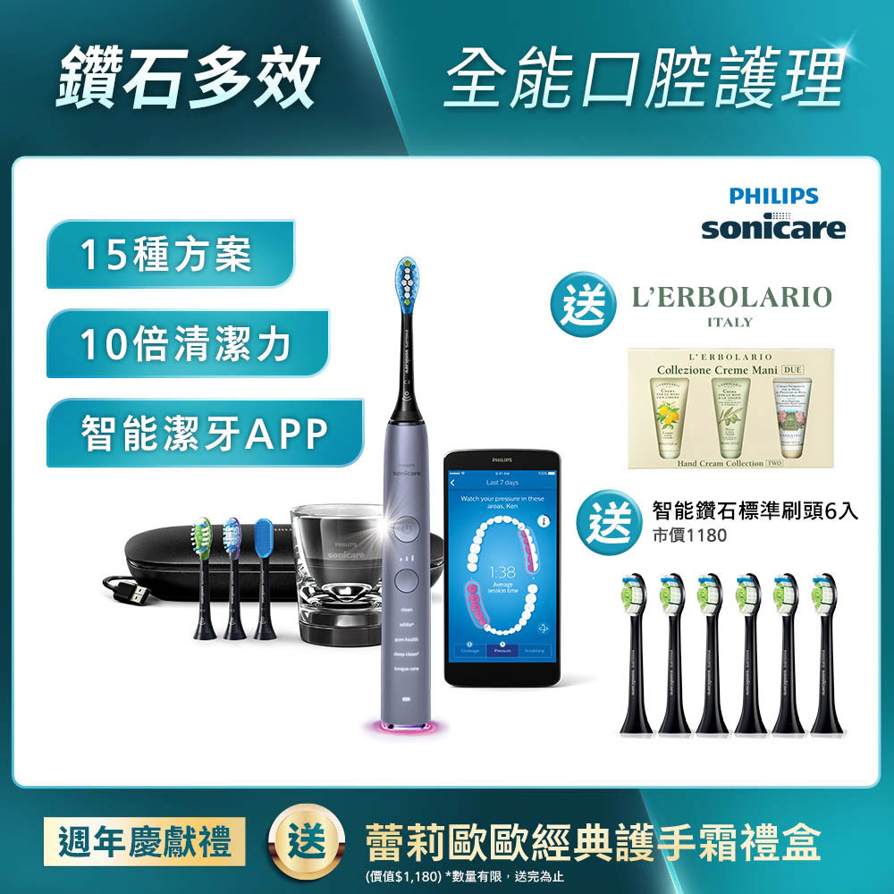 ★寄舊換新特惠+贈18個月份刷頭★鑽石靚白智能音波牙刷Sonicare Smart-絢光銀(HX9924/42)[官網週年慶送+經典護手霜禮盒+智能鑽石6刷]