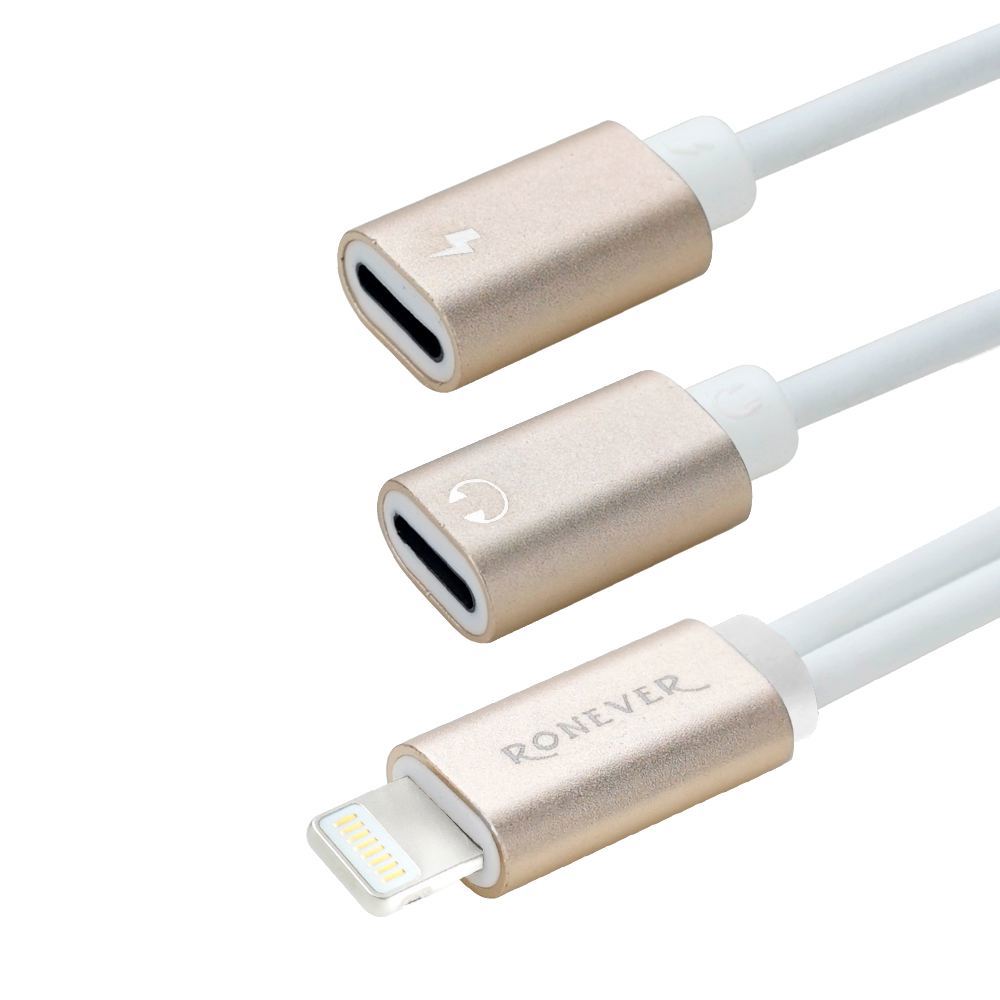 RONEVER 蘋果(iphone)Lightning鋁合金音頻充電分接線-金色Gold(線長:約15cm)(VPC145-3)