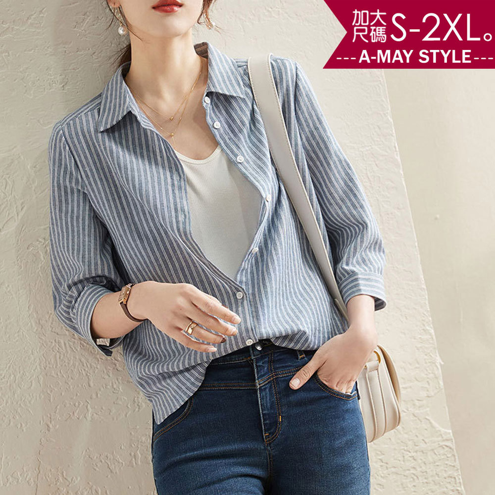 加大碼上衣-韓系休閒七分袖條紋襯衫(S-2XL)【XAM966435】＊艾美時尚(現 預)