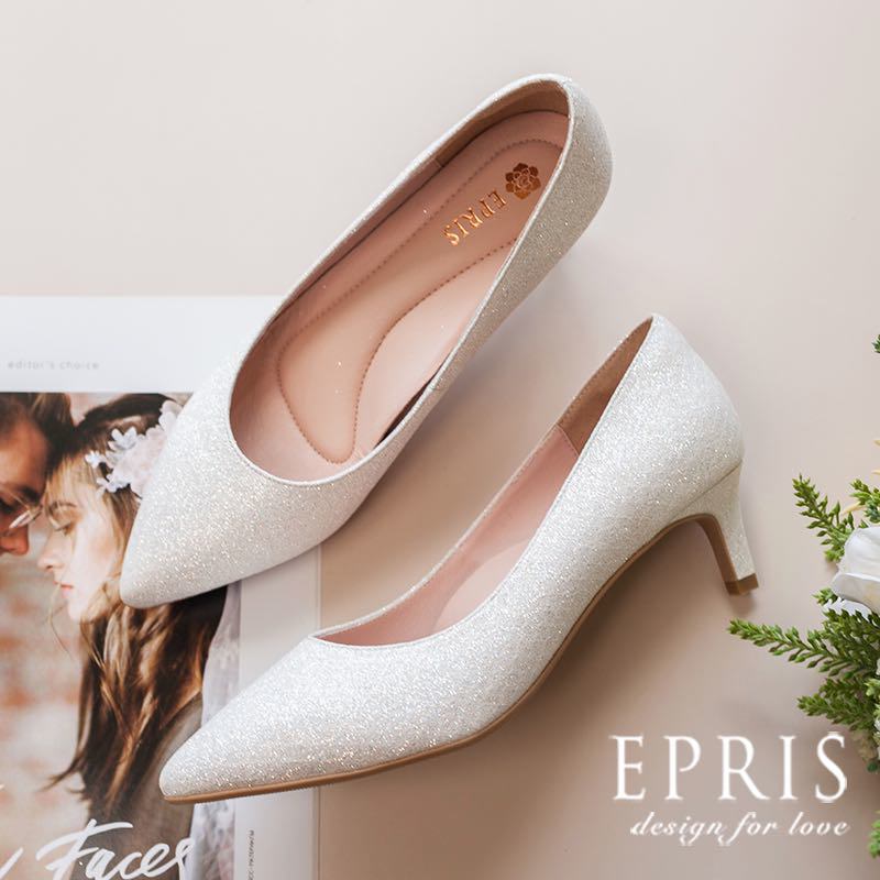 現貨 新娘鞋婚鞋品牌推薦 晨曦女神-P296 中低跟婚鞋 尖頭鞋 婚鞋白色 真皮腳墊高跟鞋MIT小中大尺碼21.5-26 EPRIS艾佩絲-甜美白