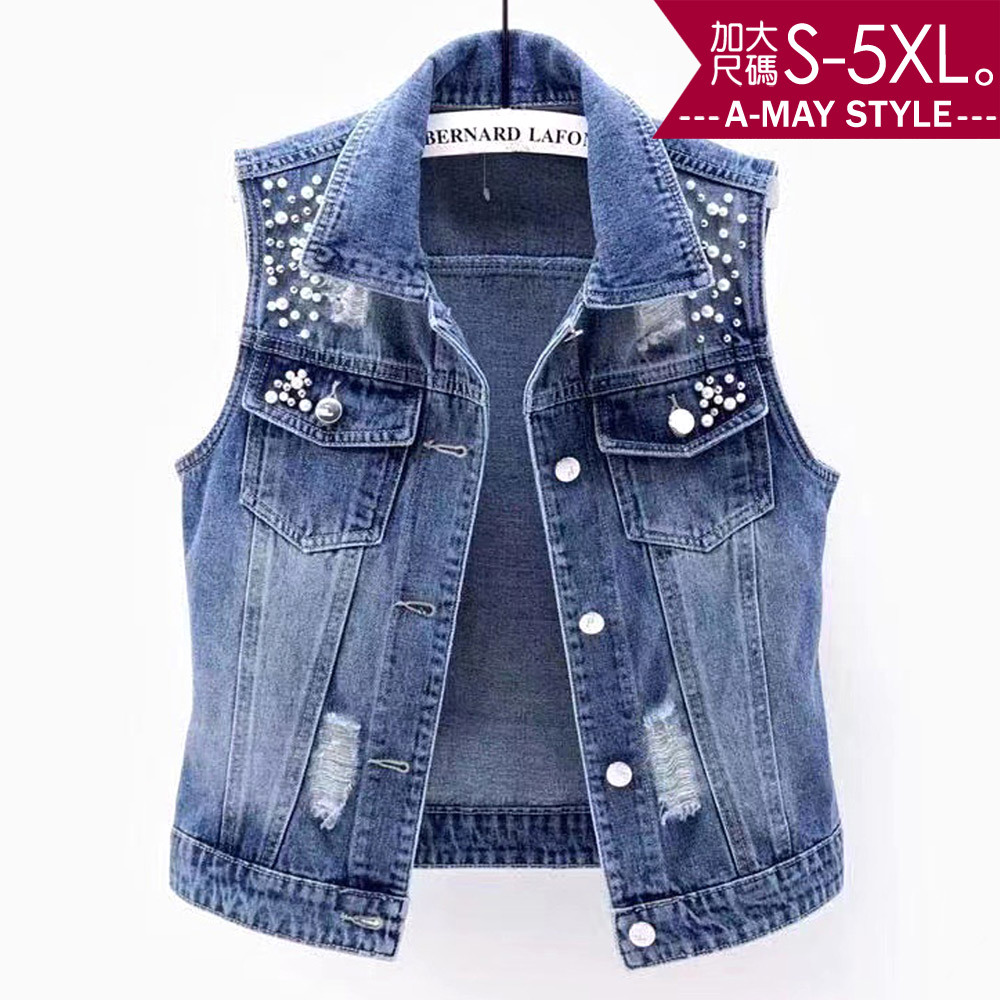 加大碼上衣-水洗刷破帥氣釘珠牛仔背心(S-5XL)【XC051932】＊艾美時尚(現 預)