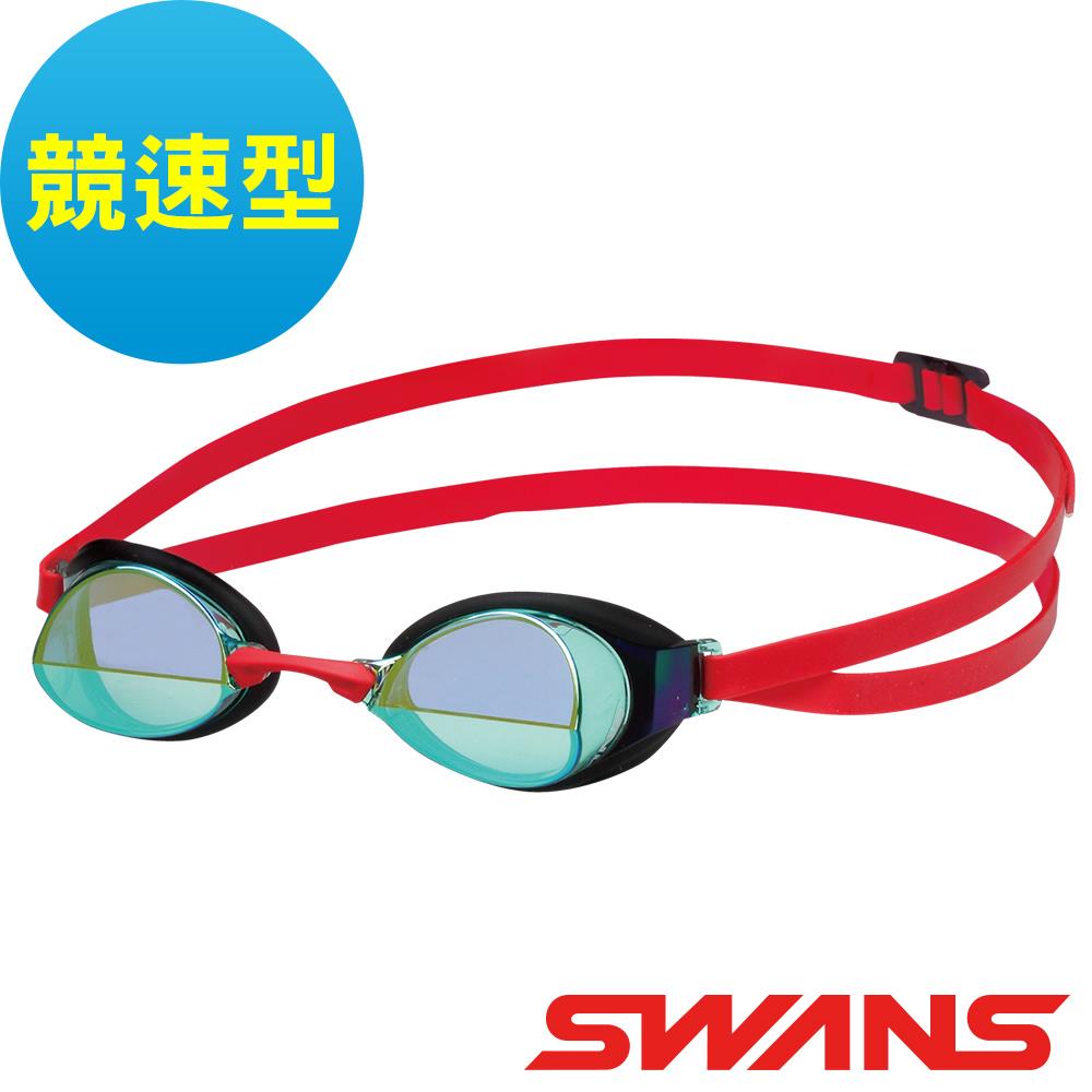 【SWANS 日本】競速款鍍膜防霧泳鏡(IGNITION-M 水藍紅/抗UV/游泳/視野加大)