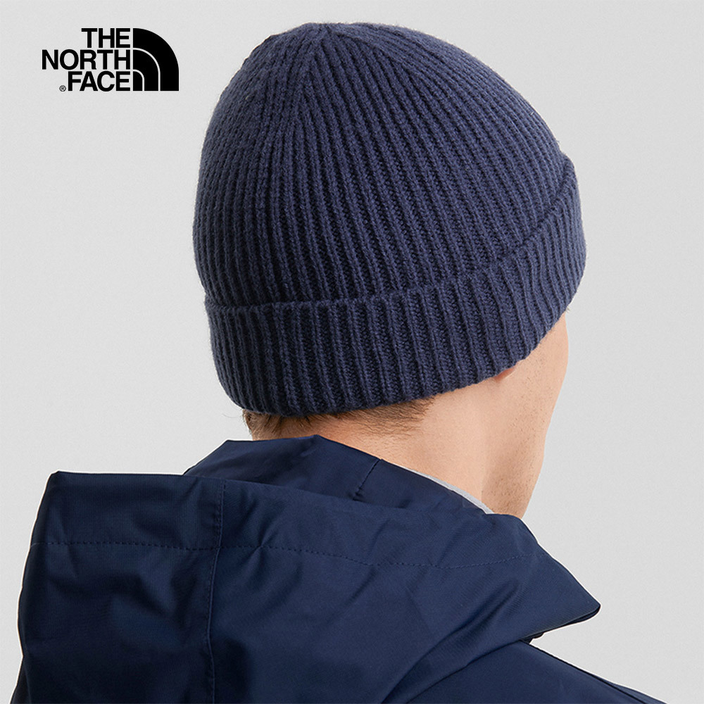 The North Face北面男女款深藍色LOGO布標保暖針織毛帽｜3FJX8K2