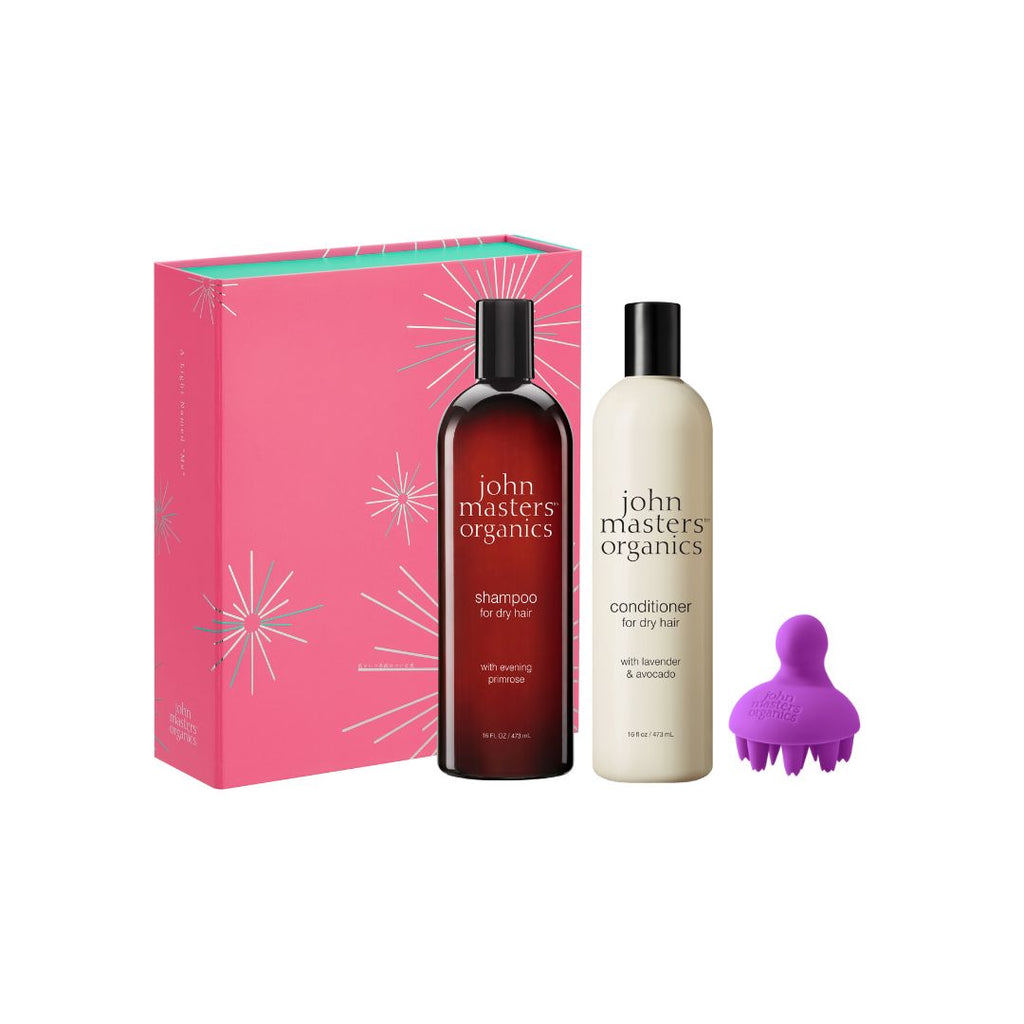John Masters Organics 假期系列 優質有機強效修護組 (月見草洗髮精+薰衣草酪梨護髮乳+頭皮按摩梳)
