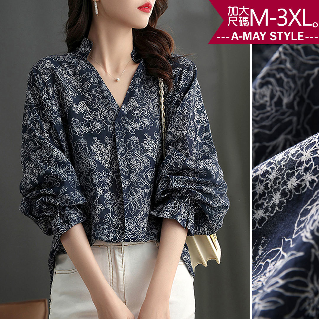 加大碼上衣-氣質碎花燈籠袖雪紡衫(M-3XL)【XHA21S44】＊艾美時尚(現 預)