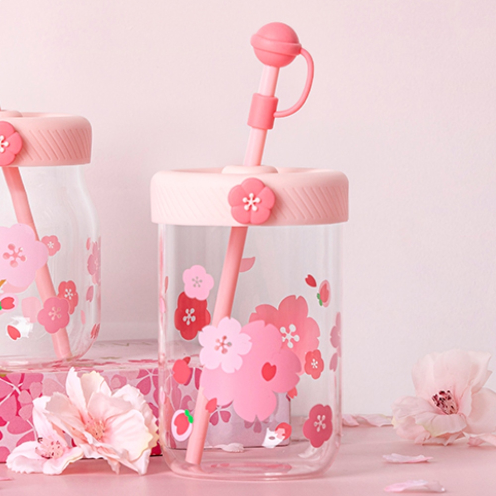 吻吻魚 KKF 玻璃經典吸管杯 500ml - 櫻花