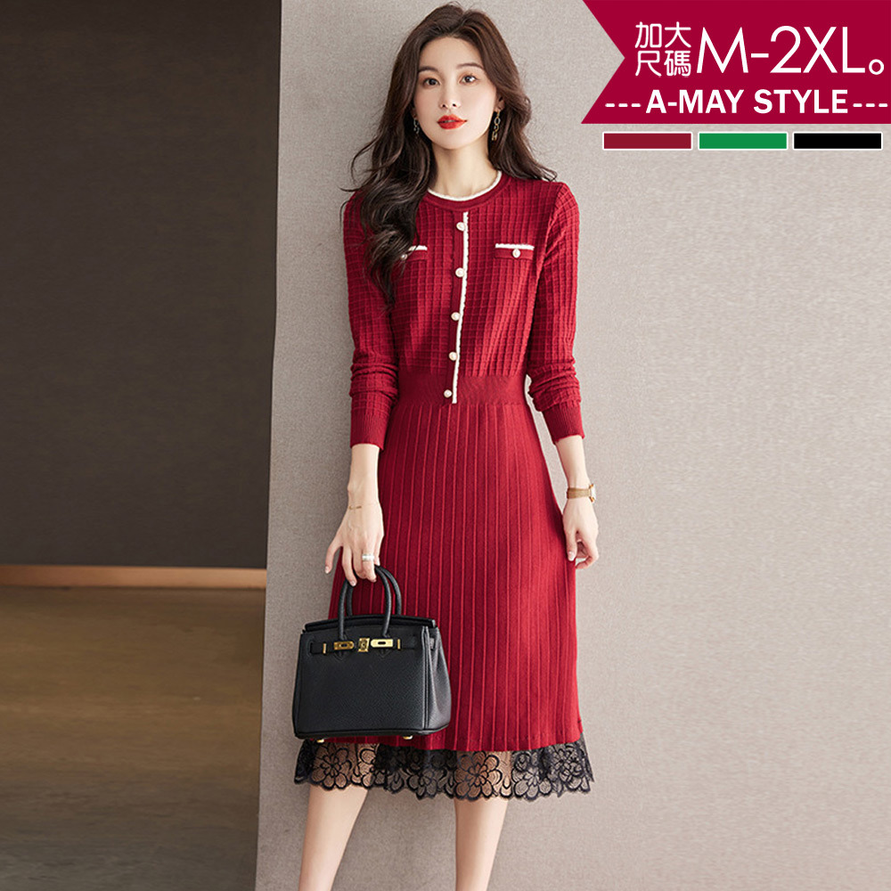 加大碼連身裙-優雅修身小香風拼蕾絲針織洋裝(M-2XL)【XST3619110】＊艾美時尚(現 預)