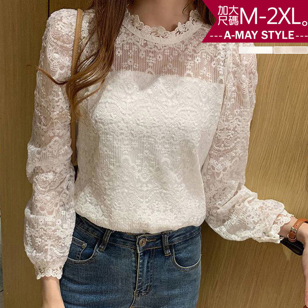 加大碼T恤-優雅泡泡袖蕾絲雪紡衫上衣(M-2XL)【XFB60747】＊艾美時尚(現 預)